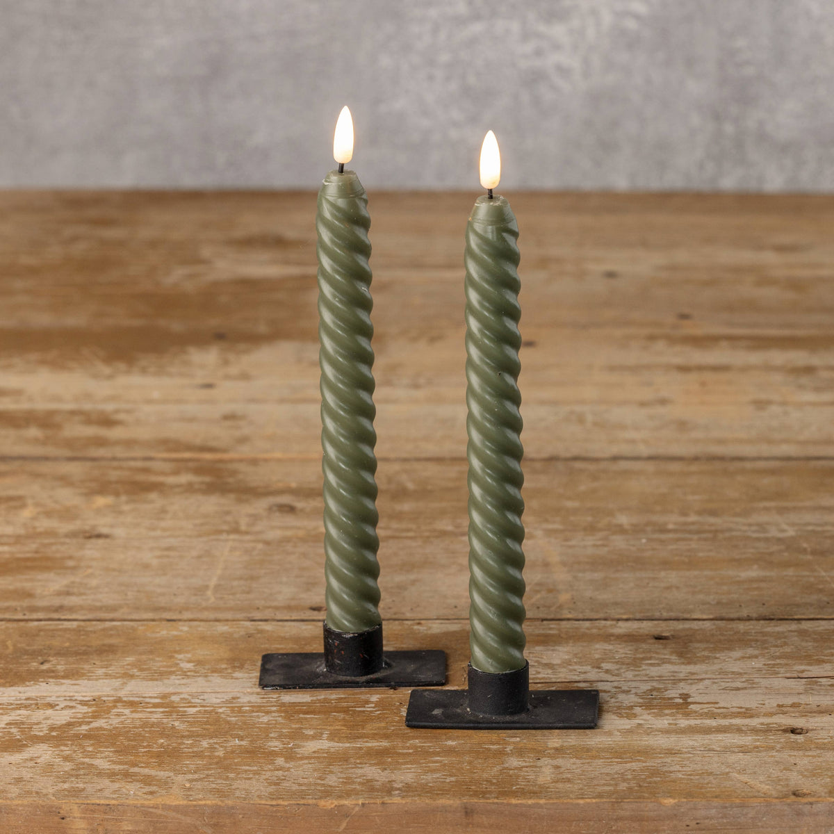SET/ 2 - 9.5" 3D FLAME TWIST DARK GREEN TAPER CANDLE