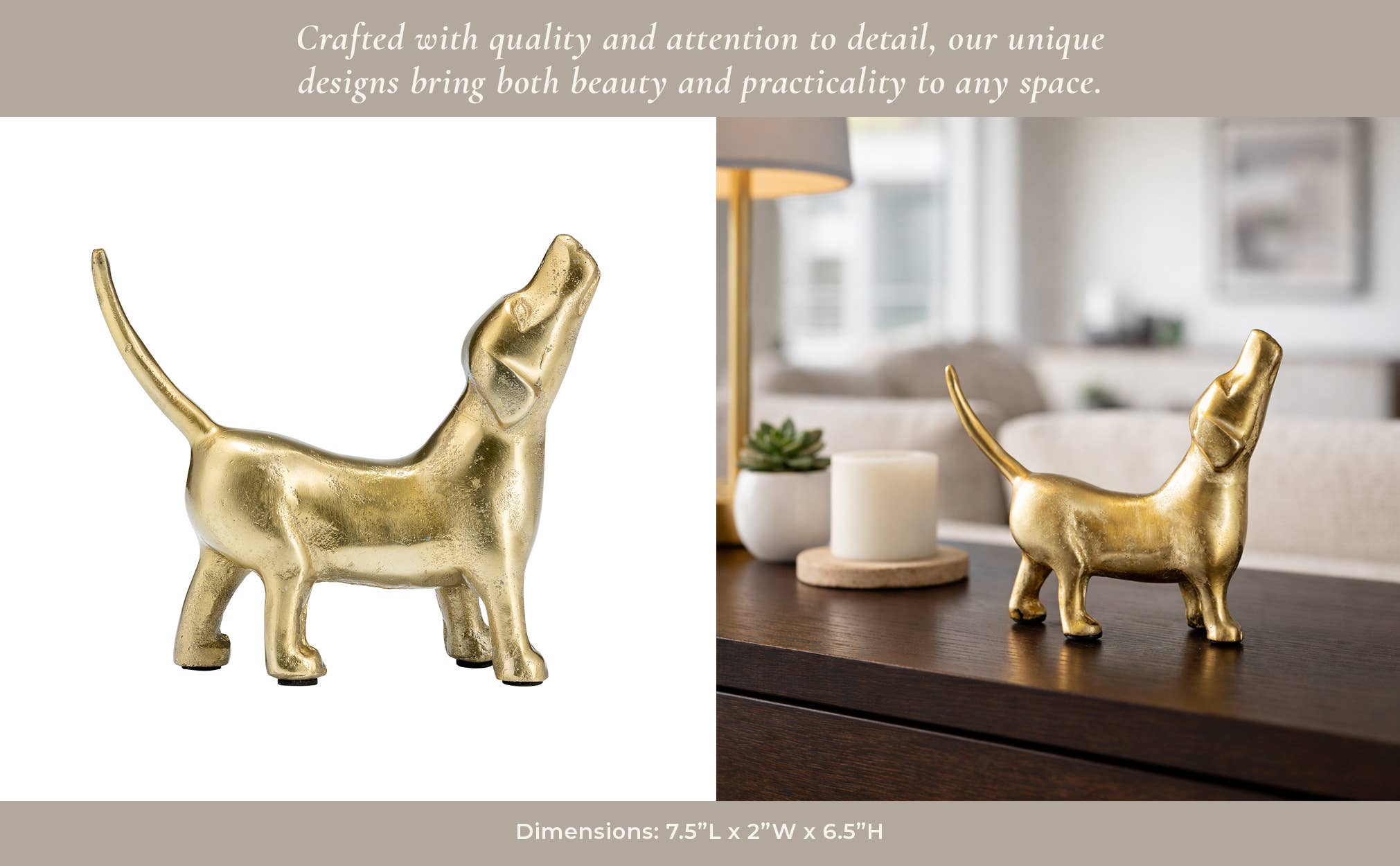 Decorative Figurine - Gold Metal Modern Howling Dog, 7 in.