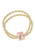 Mahjong 2-Row Ball Bead Stretch Bracelet Gold