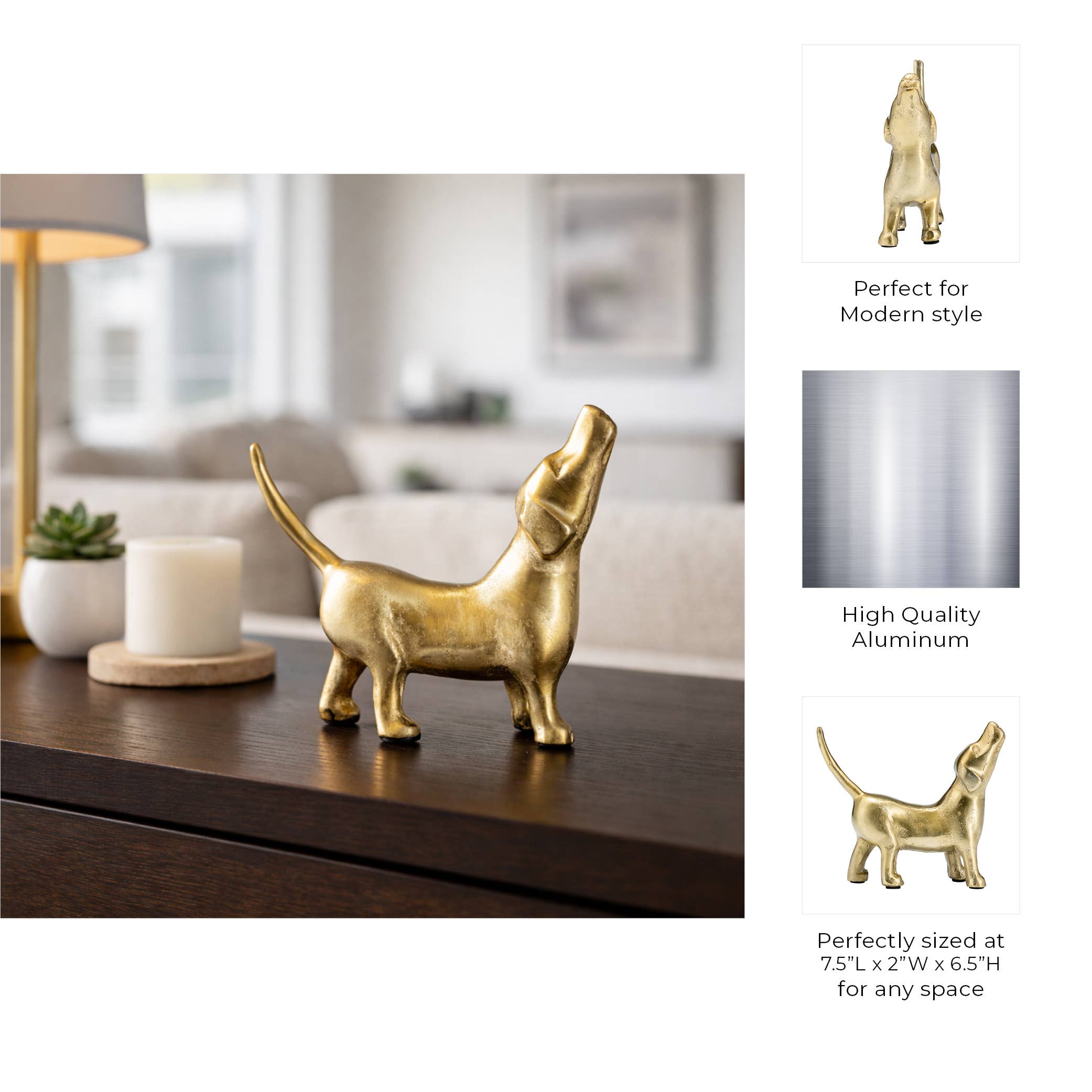 Decorative Figurine - Gold Metal Modern Howling Dog, 7 in.