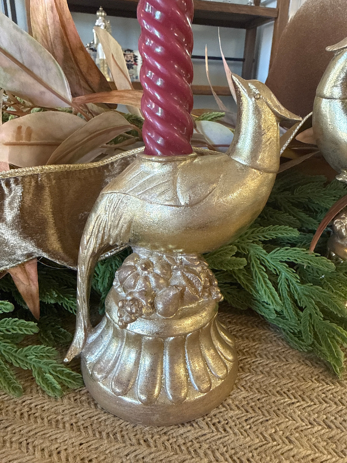 Gold Resin Pheasant Taper Candleholder Small