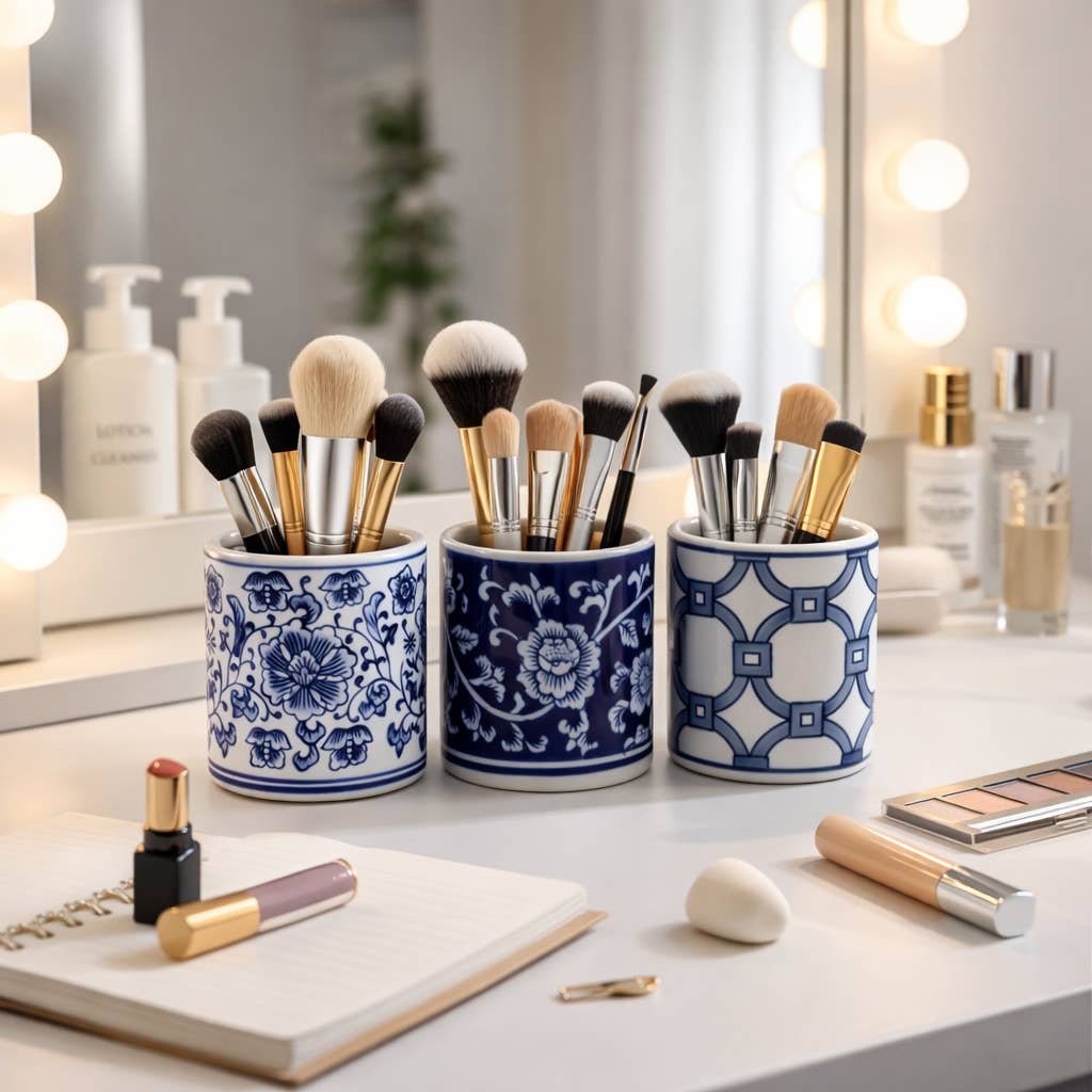 Pencil Cup Blue and White Ceramic Chinoiserie, 4 in.