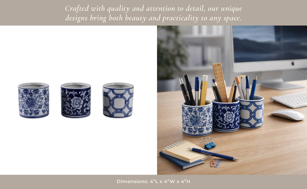 Pencil Cup Blue and White Ceramic Chinoiserie, 4 in.