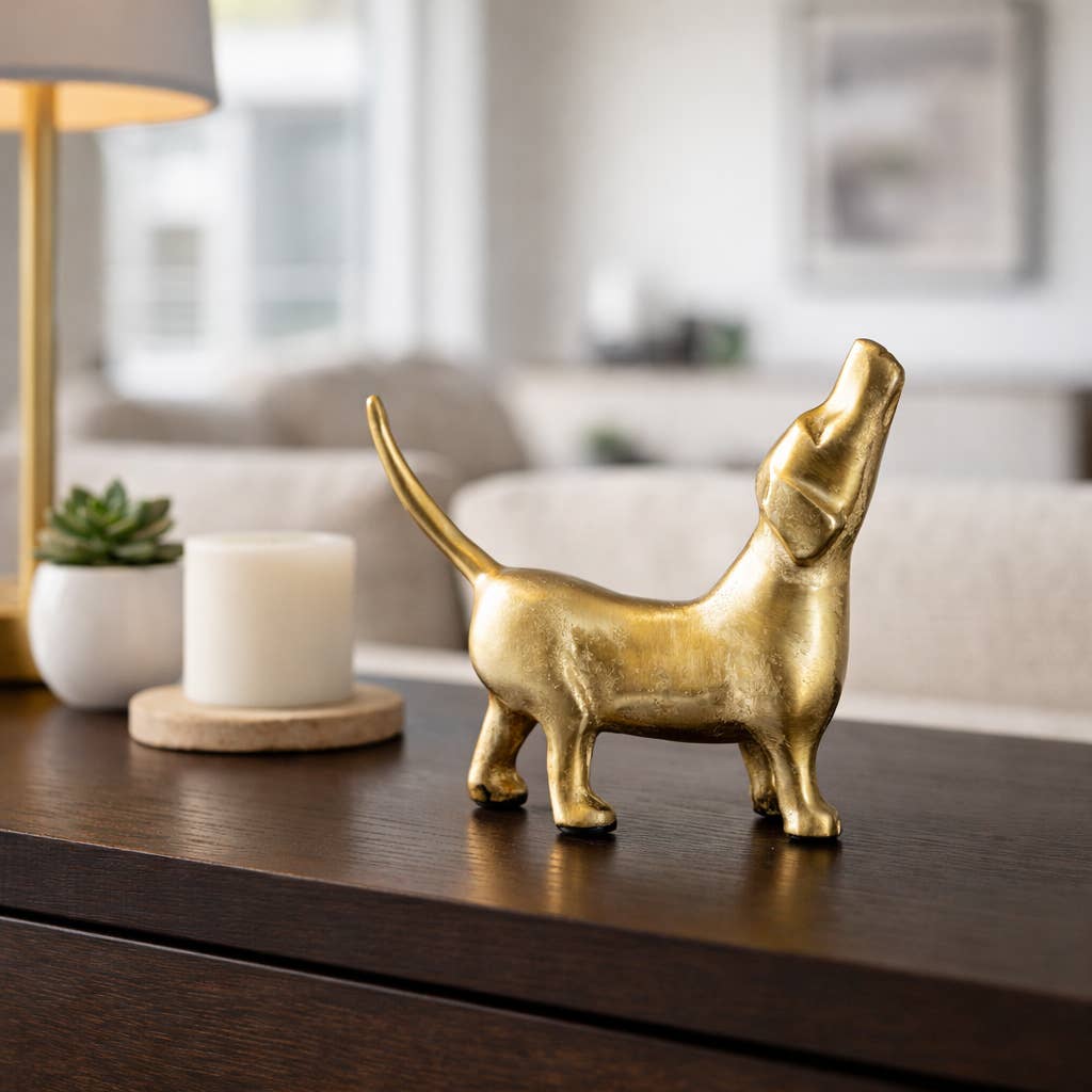 Decorative Figurine - Gold Metal Modern Howling Dog, 7 in.