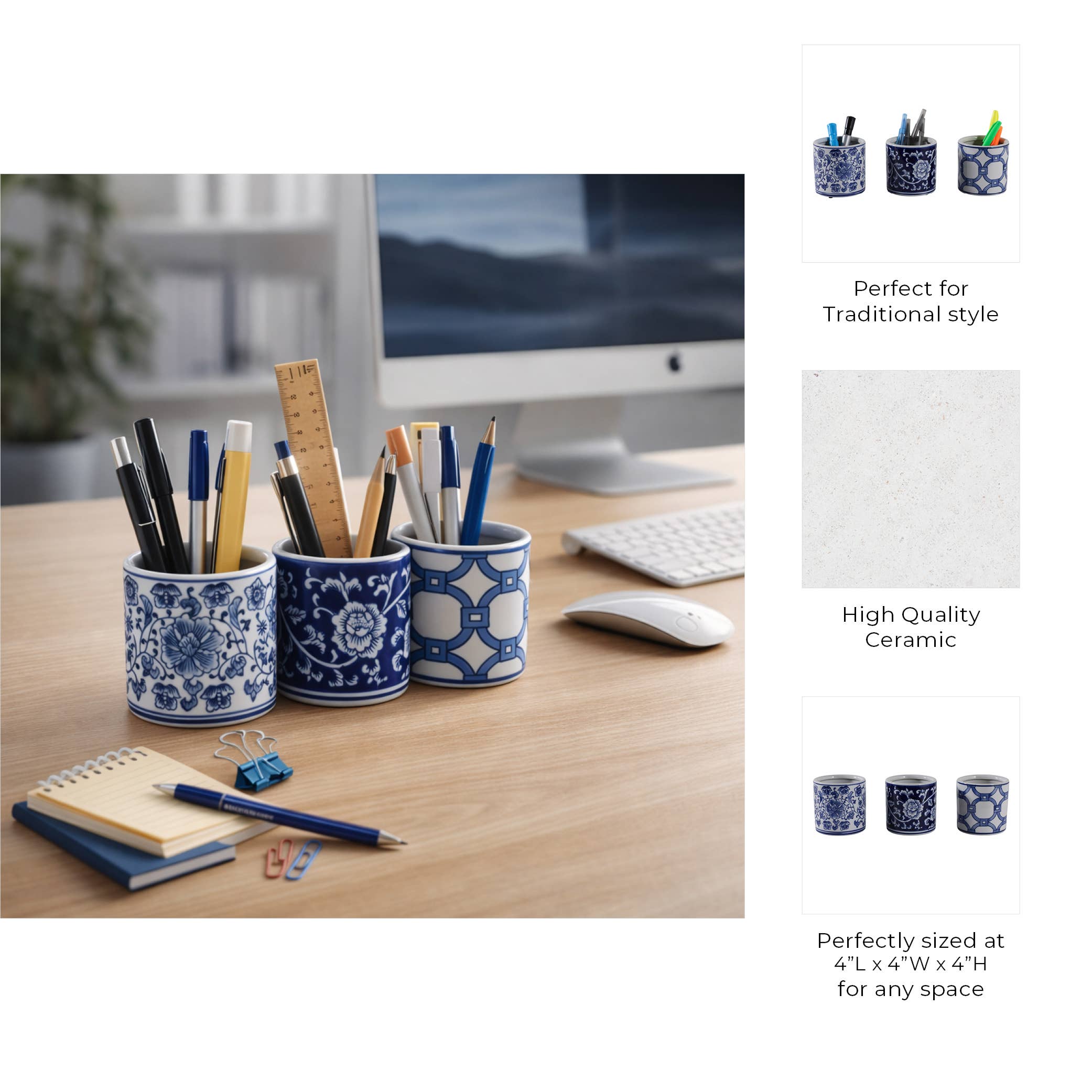 Pencil Cup Blue and White Ceramic Chinoiserie, 4 in.