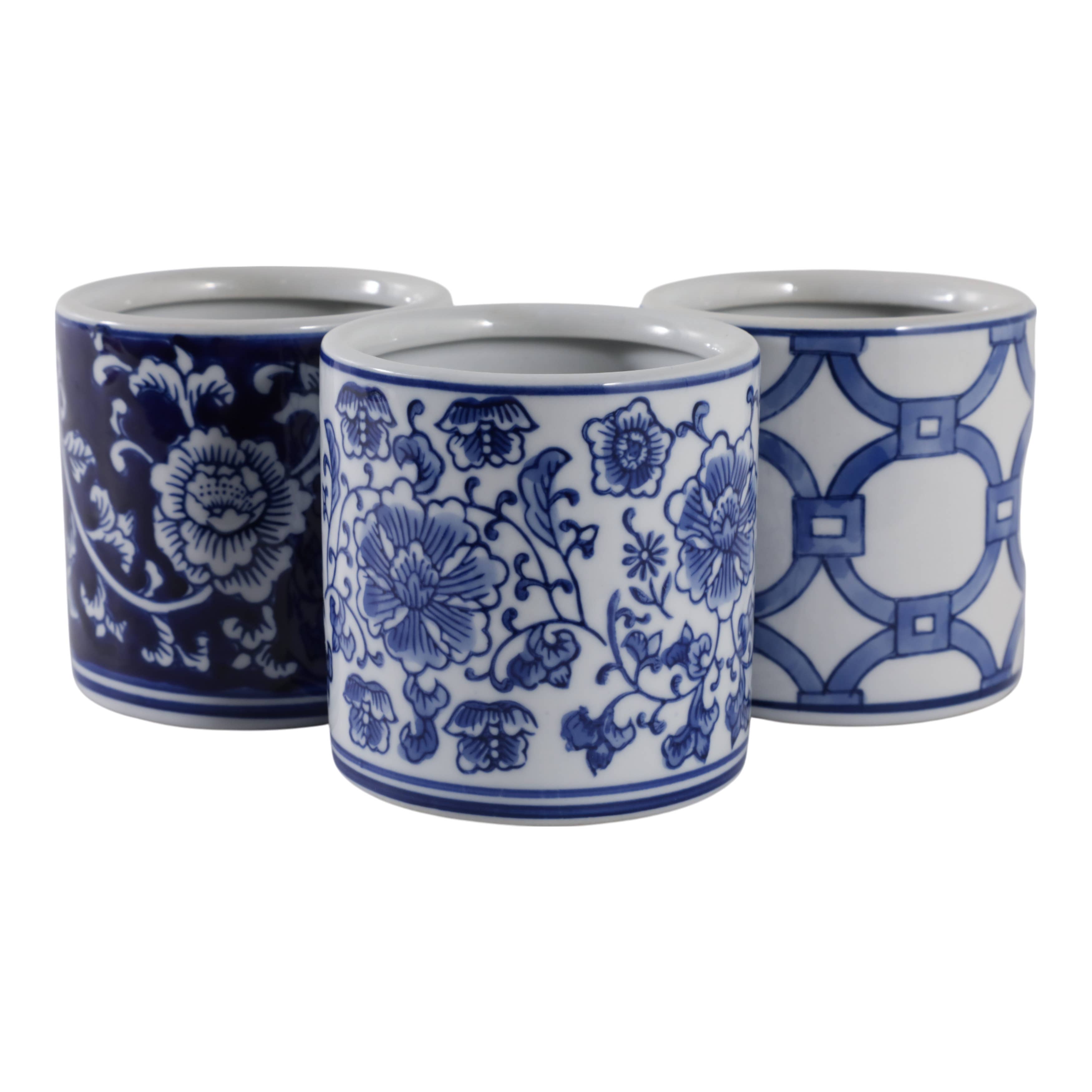 Pencil Cup Blue and White Ceramic Chinoiserie, 4 in.