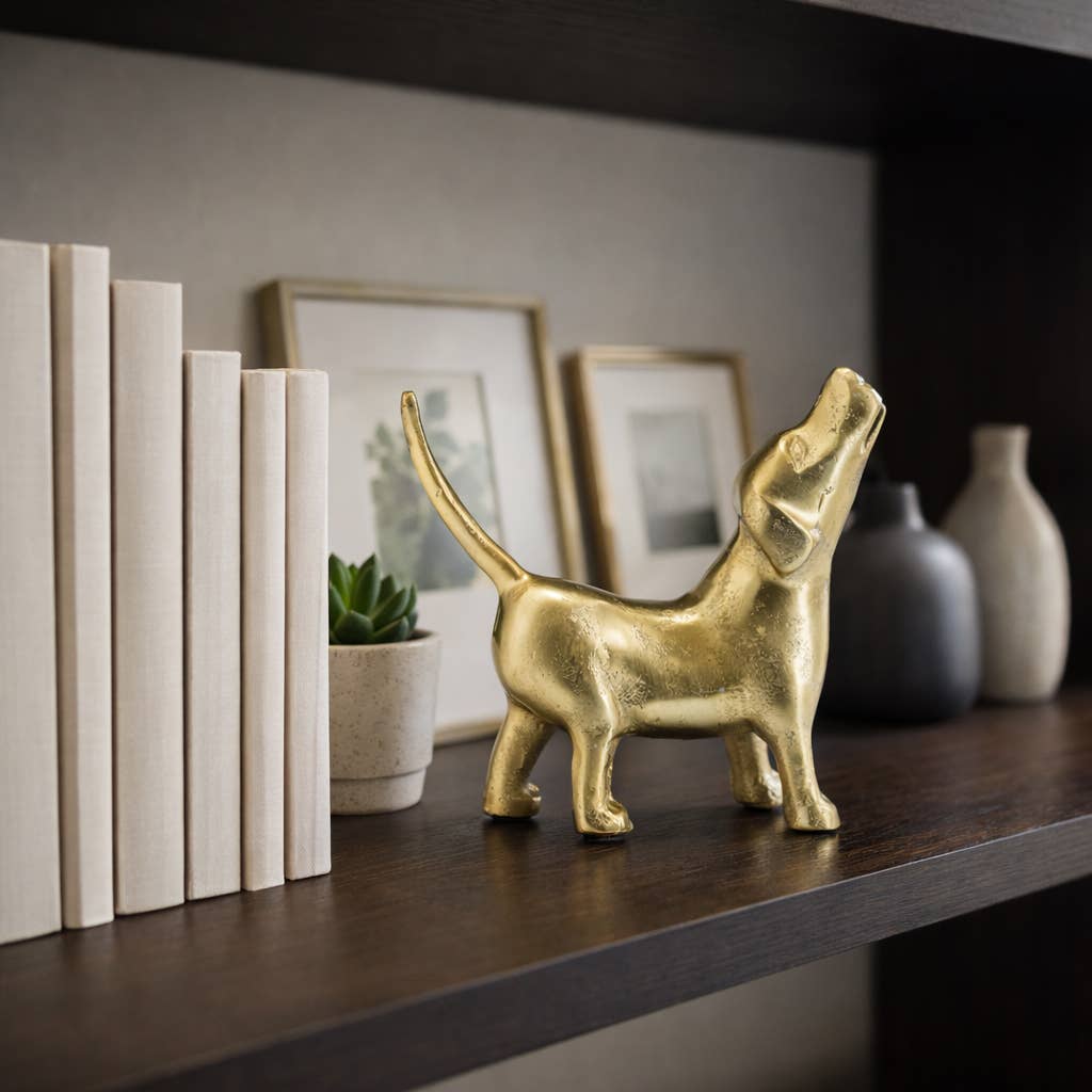 Decorative Figurine - Gold Metal Modern Howling Dog, 7 in.
