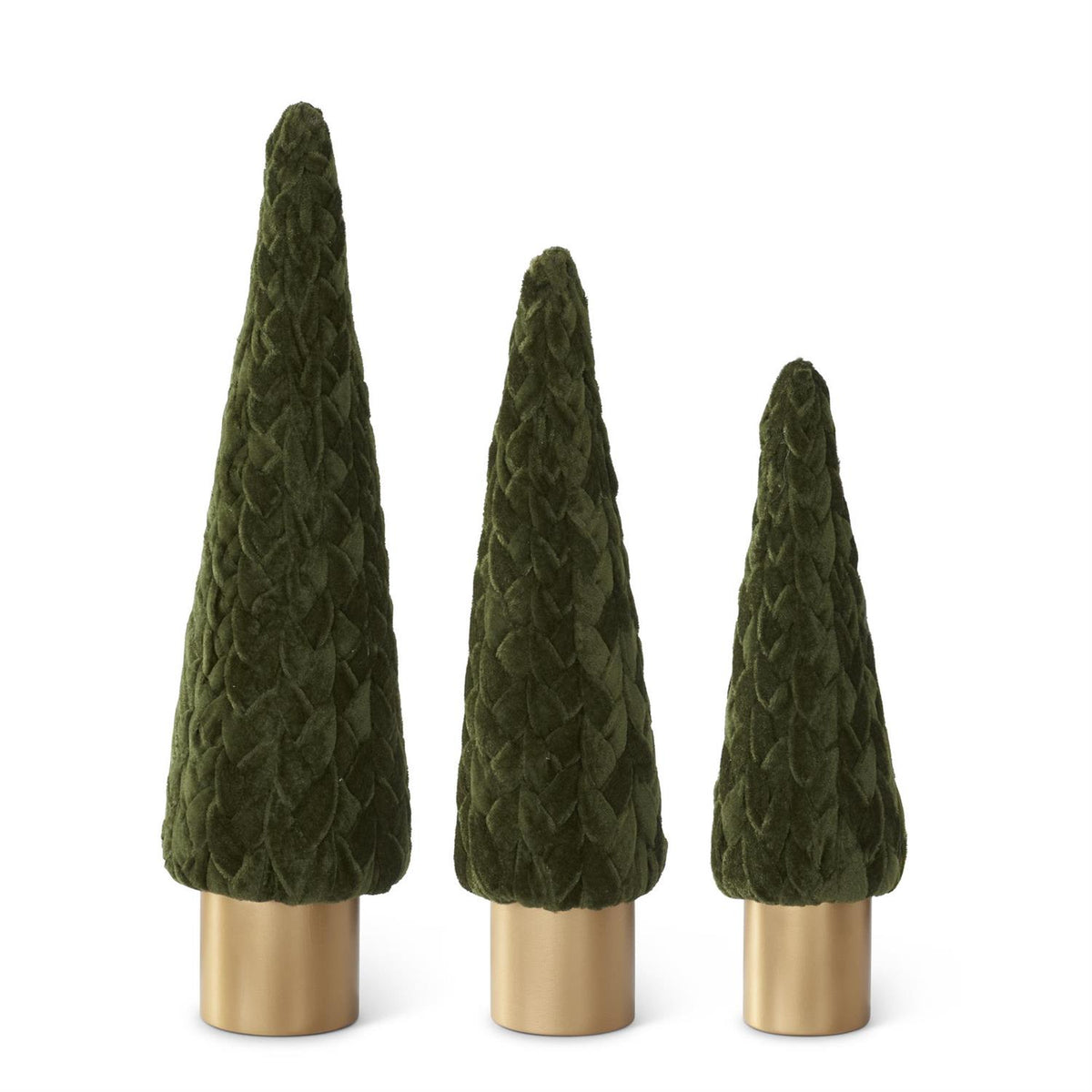 Green Velvet Braided Cone Tree w/Gold Base 14.25 Inch