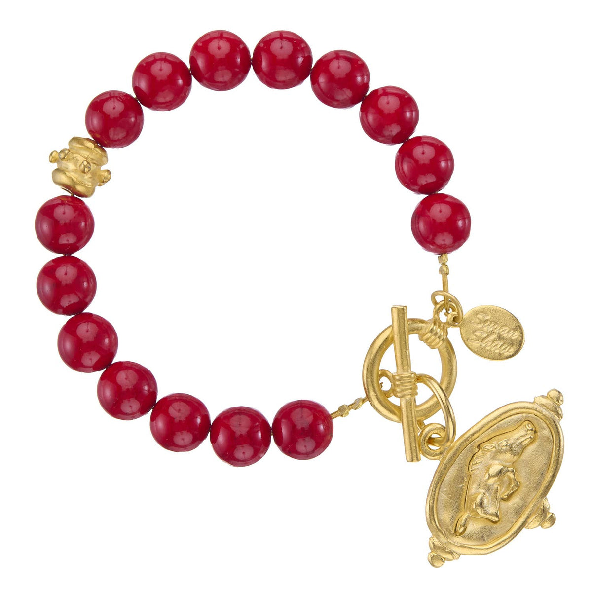 Susan Shaw Wild Boar Intaglio on Red Coral Bracelet, Hogs, Razorbacks, Arkansas