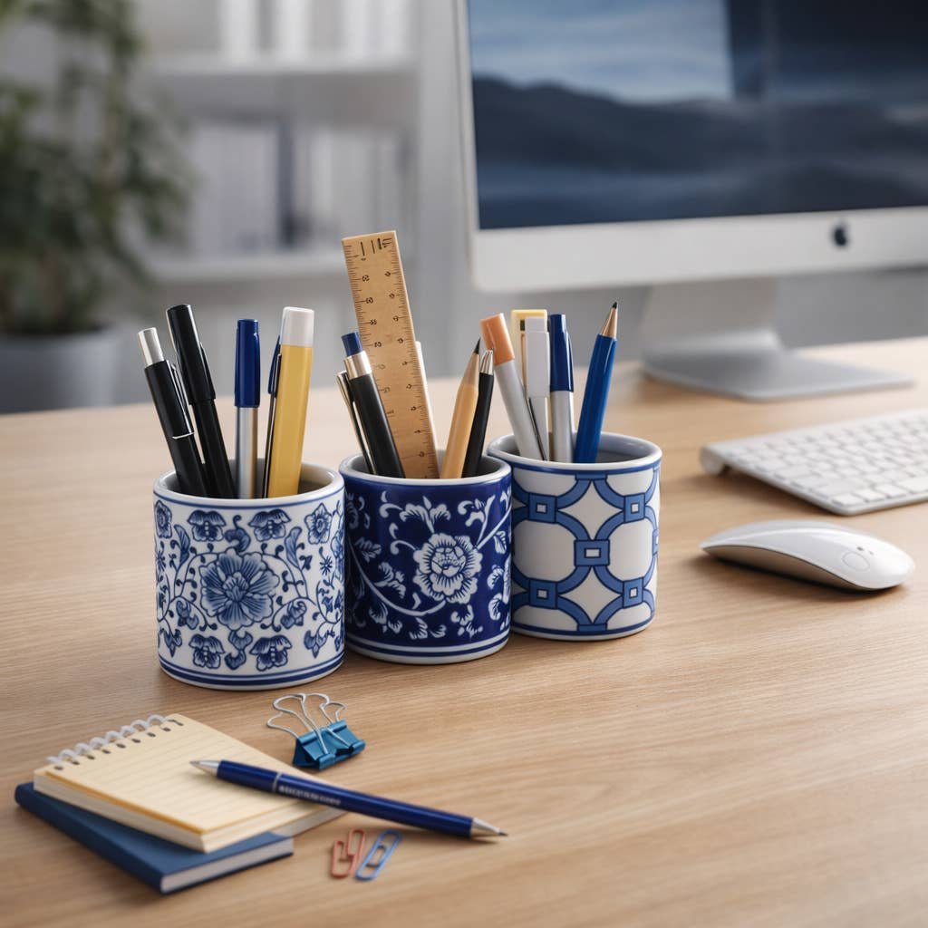 Pencil Cup Blue and White Ceramic Chinoiserie, 4 in.