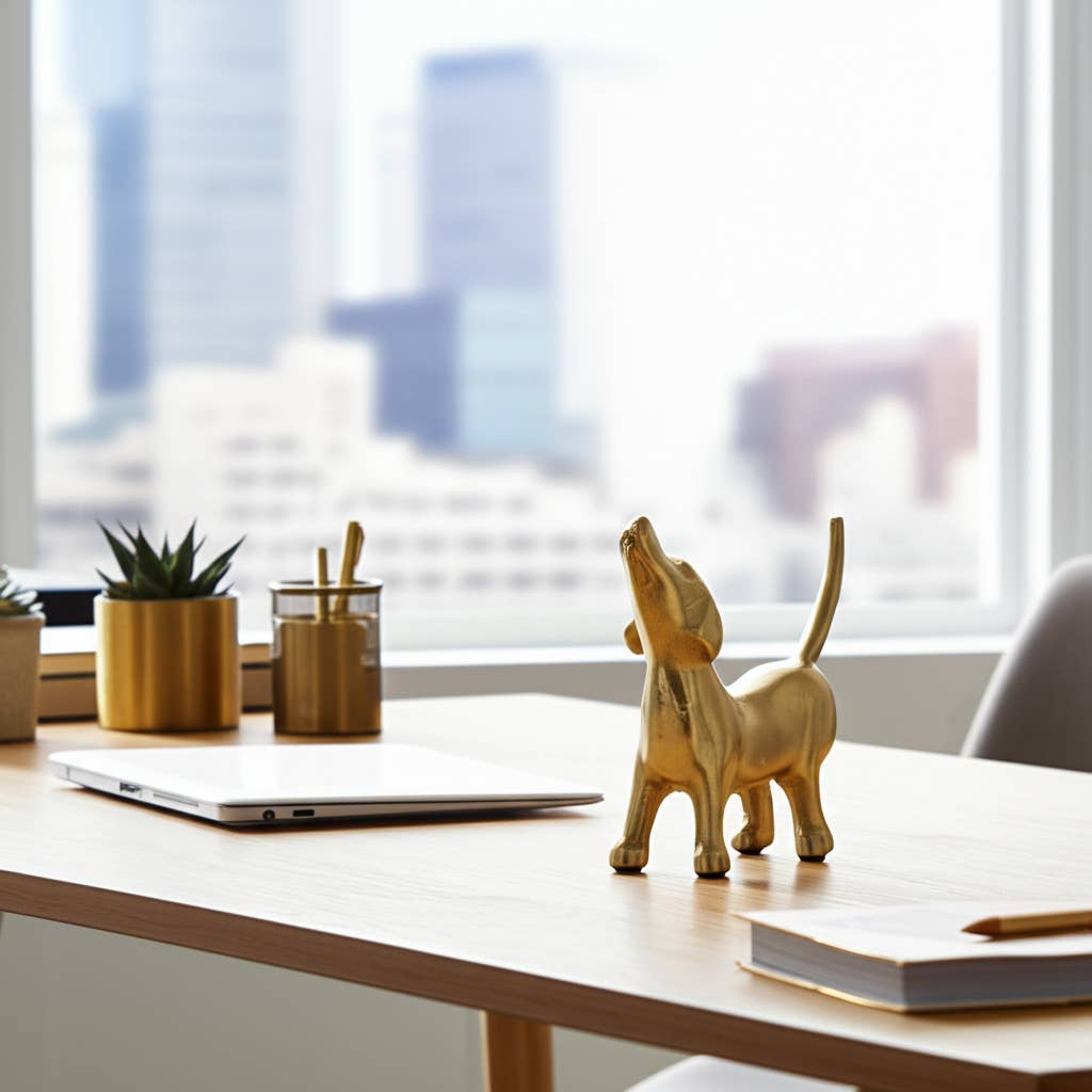 Decorative Figurine - Gold Metal Modern Howling Dog, 7 in.