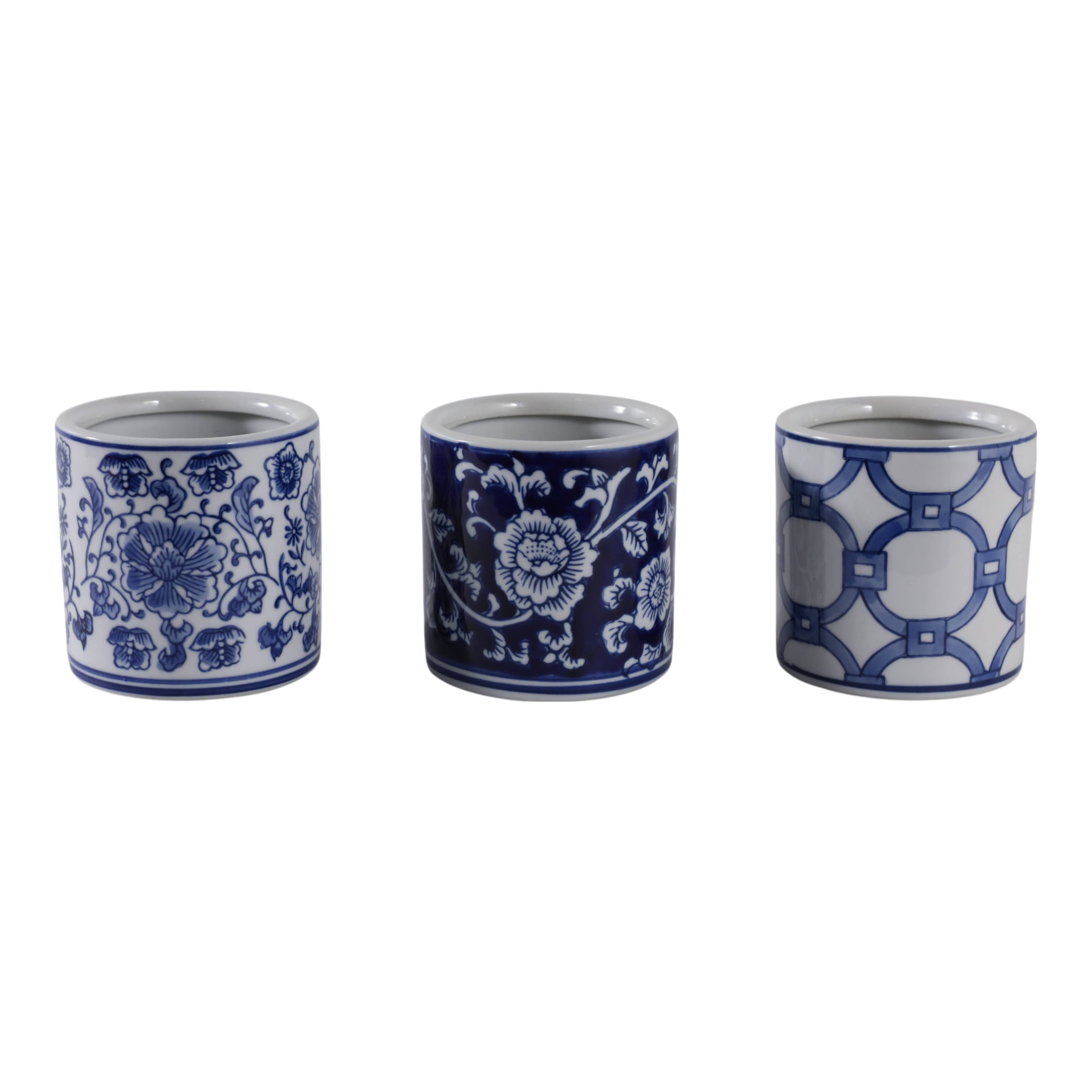 Pencil Cup Blue and White Ceramic Chinoiserie, 4 in.
