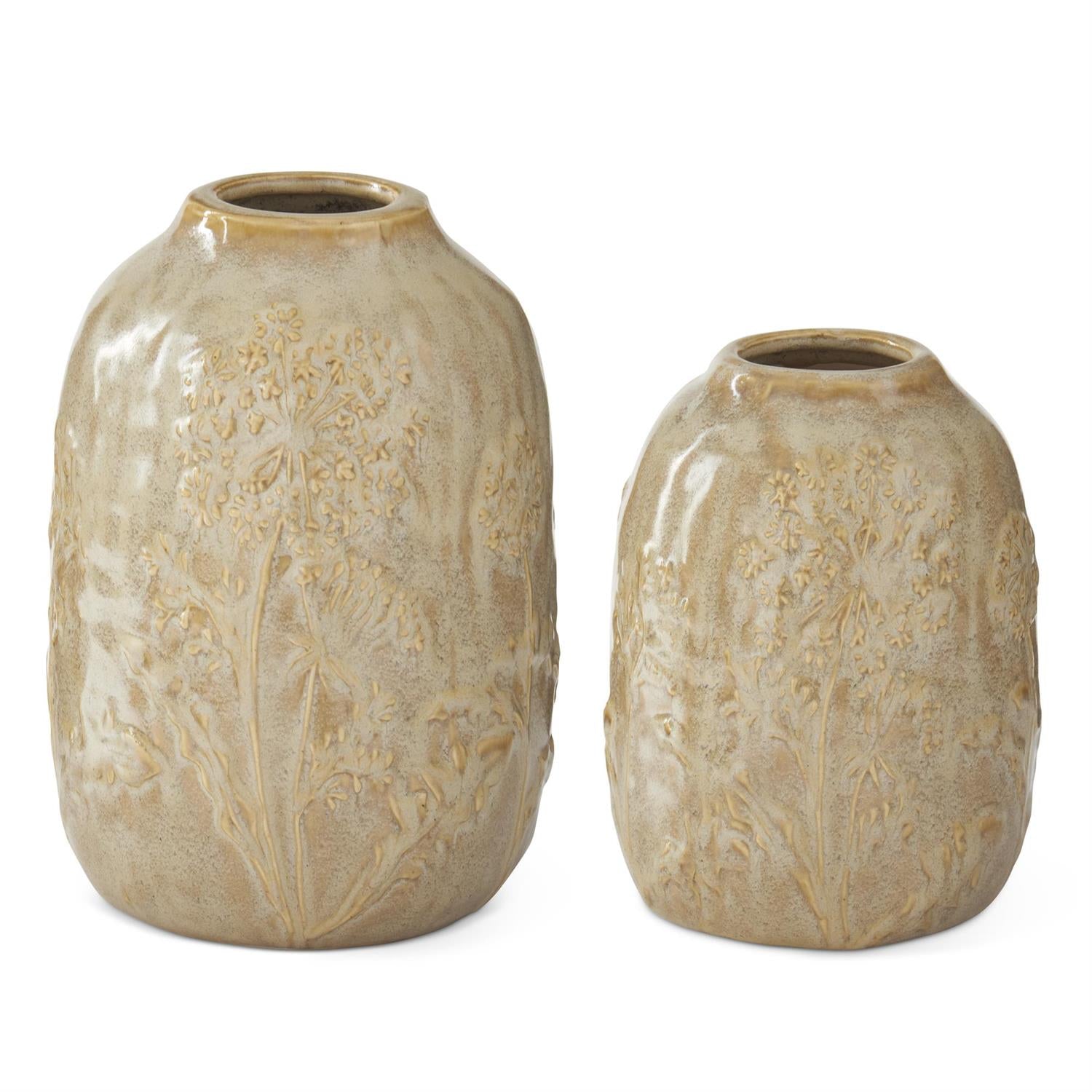 Cream Floral Embossed Ceramic Vase