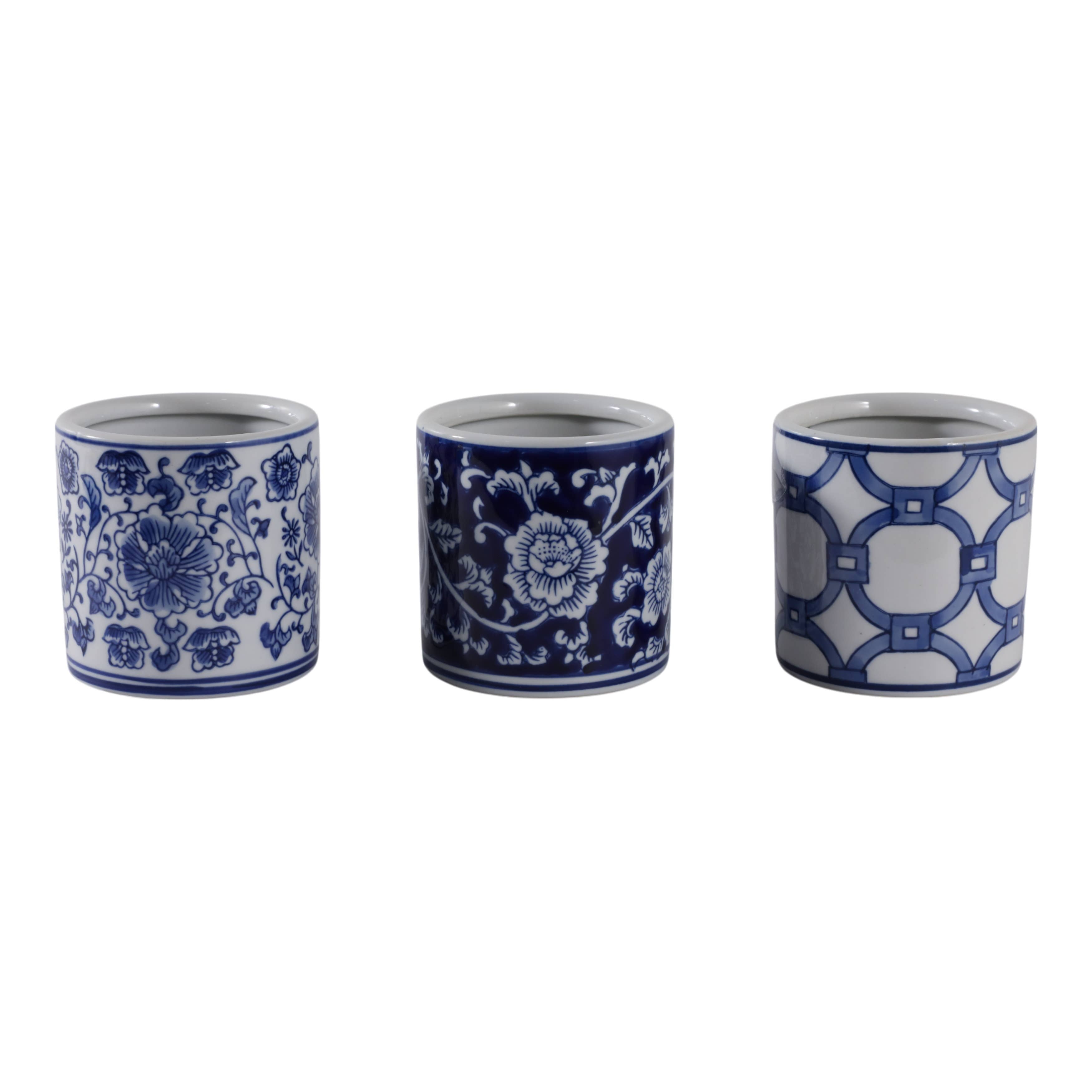 Pencil Cup Blue and White Ceramic Chinoiserie, 4 in.
