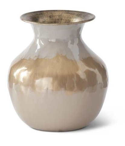 Cream & Gold Enameled Metal Vase 8.25 Inch