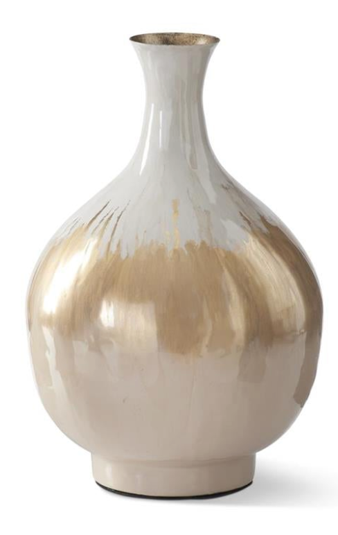 Cream & Gold Enameled Metal Vase 14.75 Inch