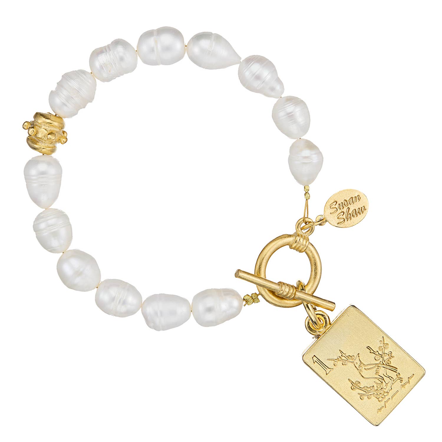 Susan Shaw 1 Bam Bird Mahjong Tile Pearl Bracelet