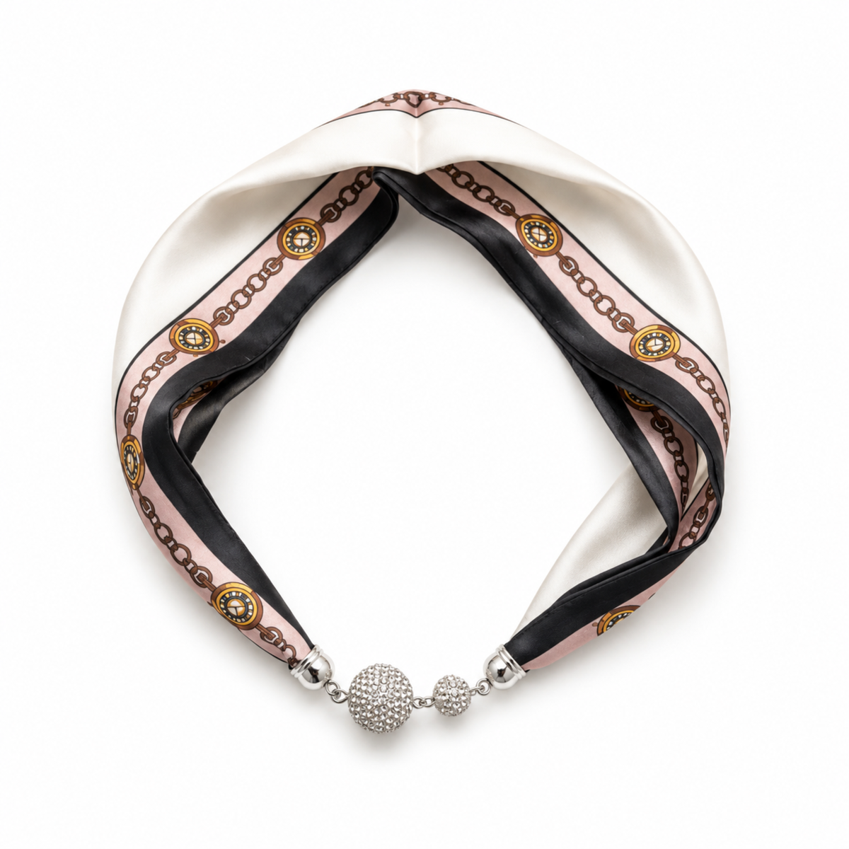 Satin Twilly Scarf Necklace with Jeweled Magnetic Clasp