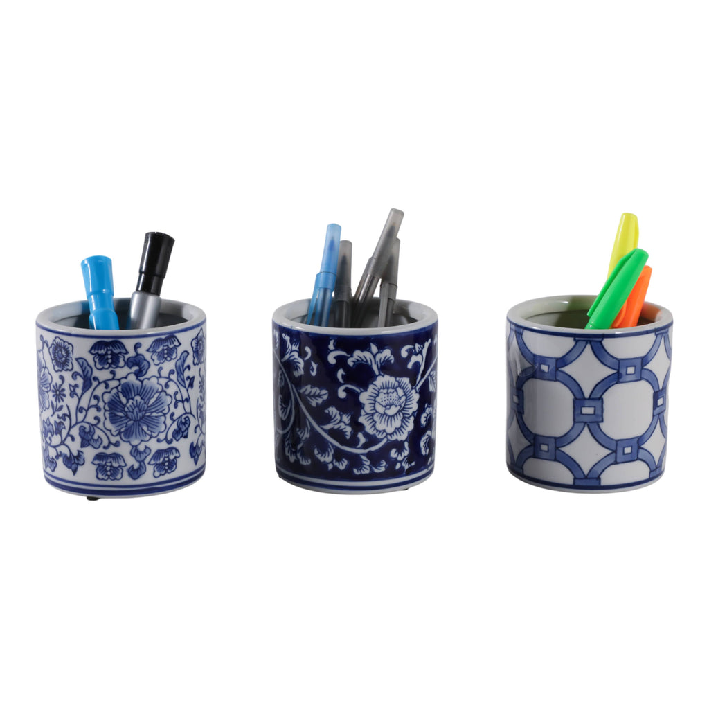 Pencil Cup Blue and White Ceramic Chinoiserie, 4 in.