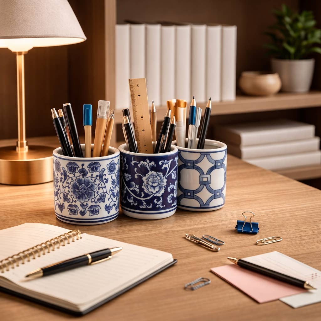 Pencil Cup Blue and White Ceramic Chinoiserie, 4 in.